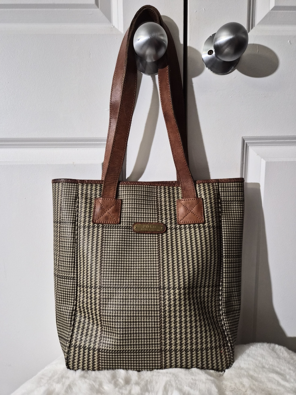 Vintage Ralph Lauren Polo Tweed  Tote Bag with Brown Leather Trim